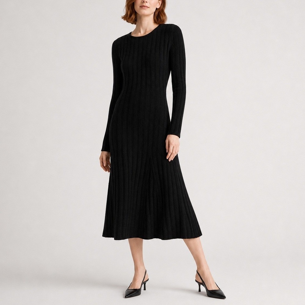 Quince Mongolian Cashmere Wide Rib Midi Dress Office Travel Date Black Small NWT